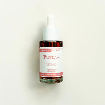 Rejuvenating Antioxidant Ginkgo Booster - Twenty Two Skincare - natural certified skincare - Skincare serum bottle labeled 'Twentytwo' on a white background 