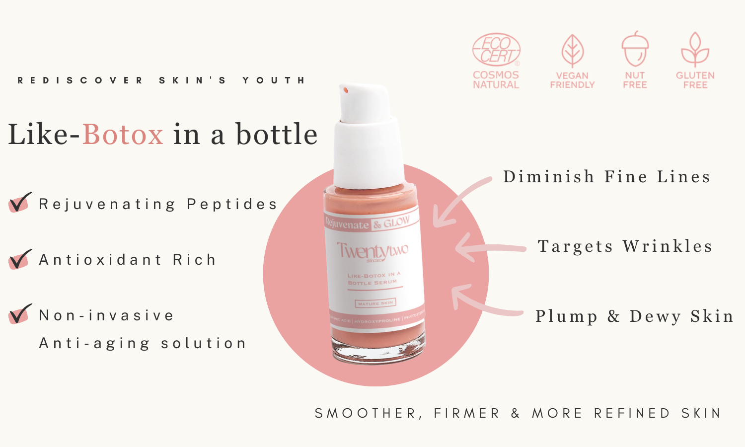 Twentytwo - Skincare - Botox in a bottle serum - peptide anti aging skin smoother firmer healthy removes wrinkles and fine lines Nourishing Cleansing Milk - natural certified skincare