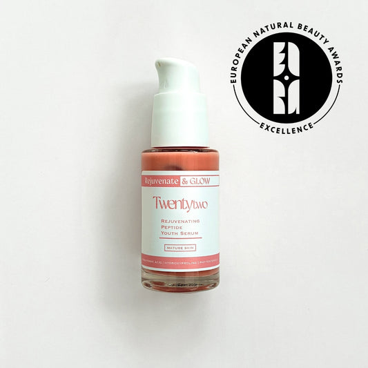Rejuvenating peptide youth Serum Peptide Twentytwo Skincare bottle with label on a white background, featuring the European Natural Beauty Awards Excellence. Rejuvenating peptide youth Serum Peptide Twentytwo Skincare anti-ageing natural certified skincare award winning European natural beauty award